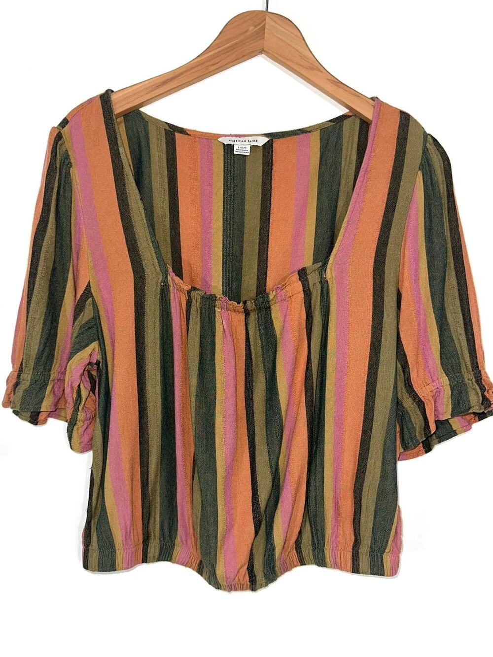 American Eagle Green Orange Stripe Square Neck Short Sleeve Crop Top Size L